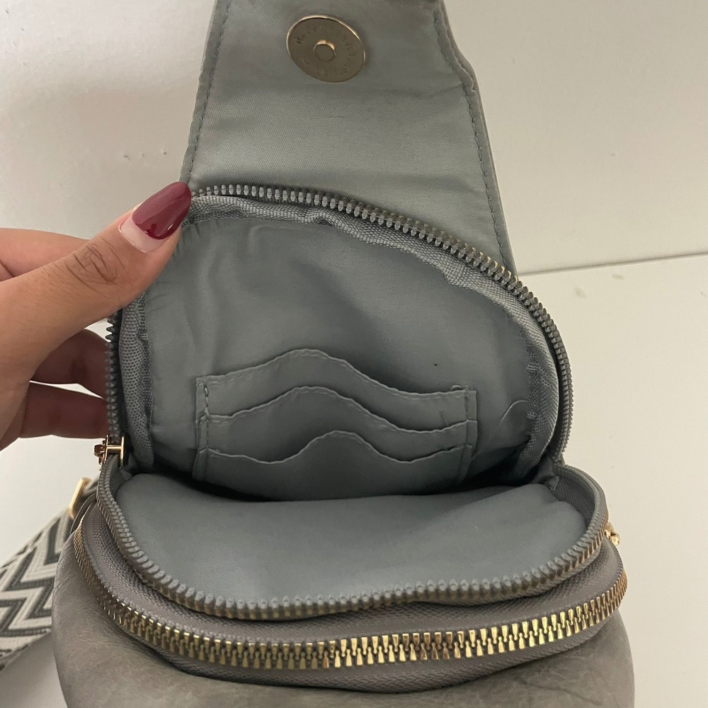 Gray Faux Leather Sling Bag Geometric Strap Crossbody‎ Purse Pouch - Picture 3 of 5